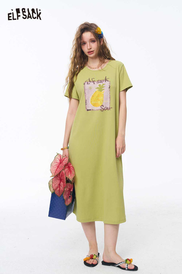 ELFSACK Fruit Print Back Cutout Midi Dress