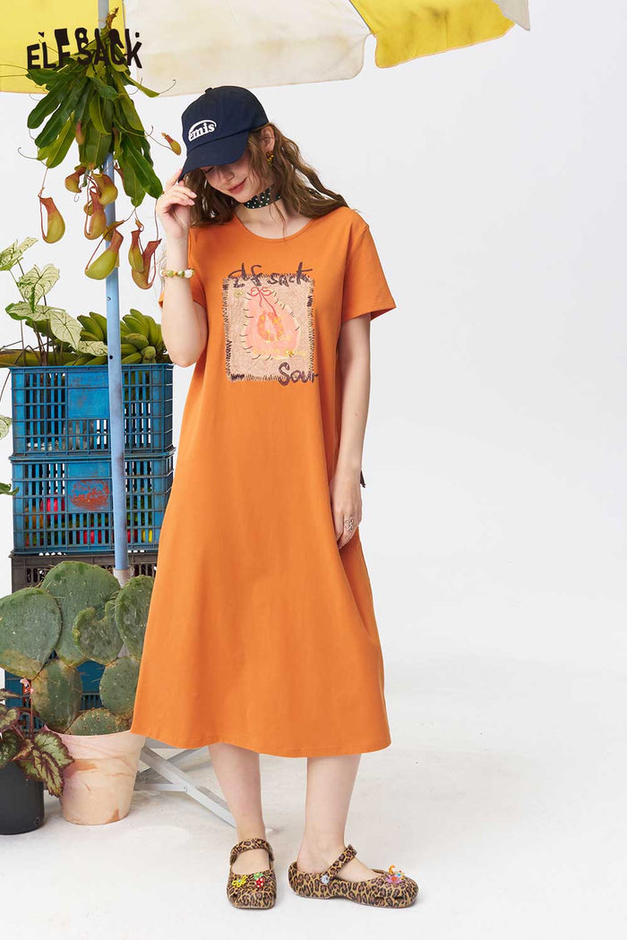 ELFSACK Fruit Print Back Cutout Midi Dress