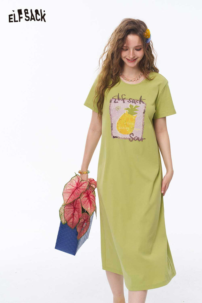 ELFSACK Fruit Print Back Cutout Midi Dress