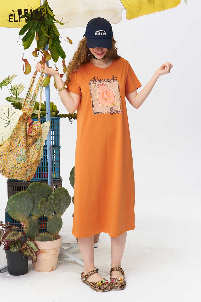 ELFSACK Fruit Print Back Cutout Midi Dress