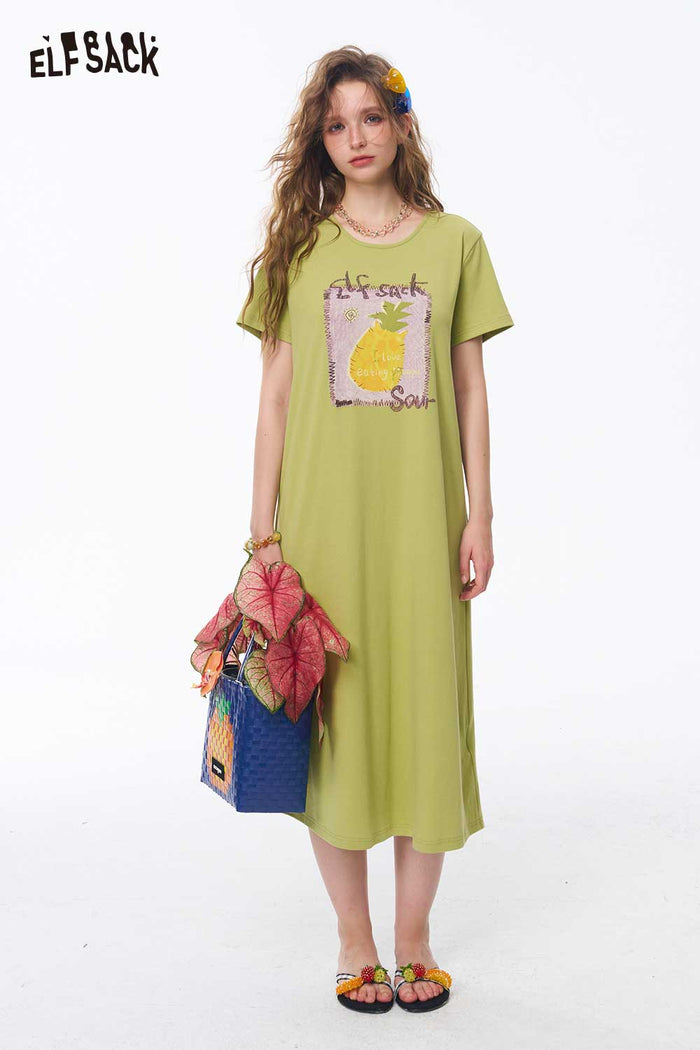 ELFSACK Fruit Print Back Cutout Midi Dress