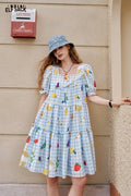 ELFSACK Fruit Print Blue And White Checkered Bubble Sleeve Chic Dress