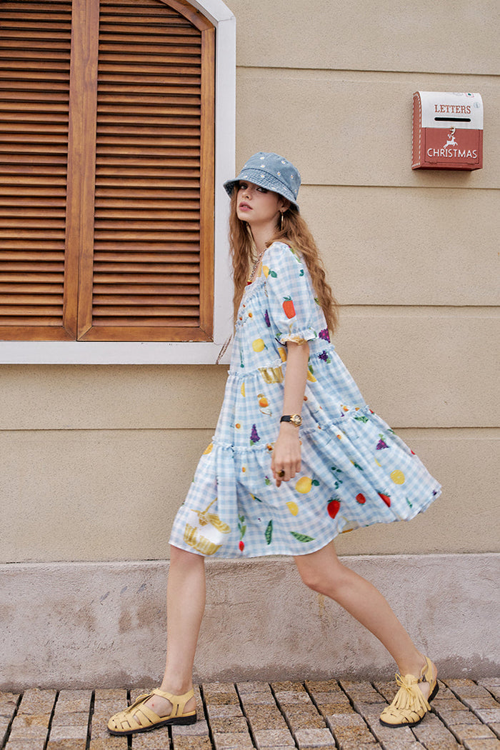 ELFSACK Fruit Print Blue And White Checkered Bubble Sleeve Chic Dress