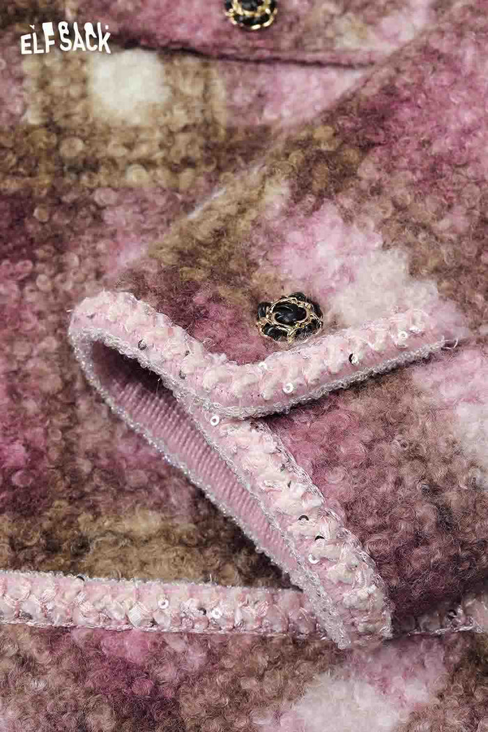 ELFSACK Fuzzy Plaid-patterned Loose-fit Parkas Coat