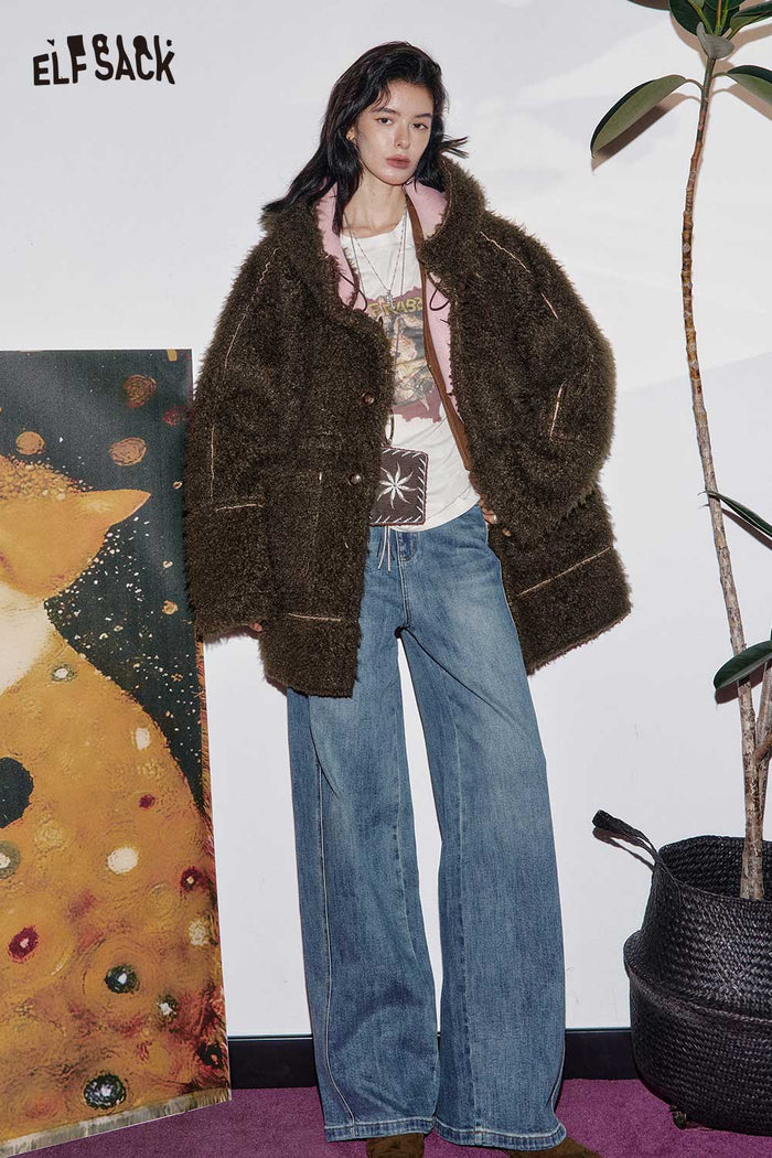 ELFSACK Fuzzy Sherpa-lined Hooded Oversized Cotton Long Jacket