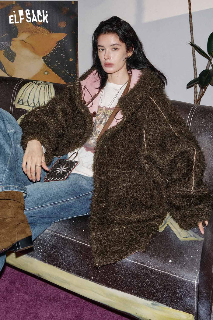 ELFSACK Fuzzy Sherpa-lined Hooded Oversized Cotton Long Jacket