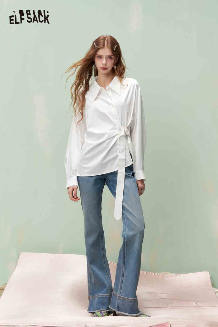 ELFSACK Gentle Elegant Heart Button Waist Asymmetrical Hem Long Sleeve Shirt