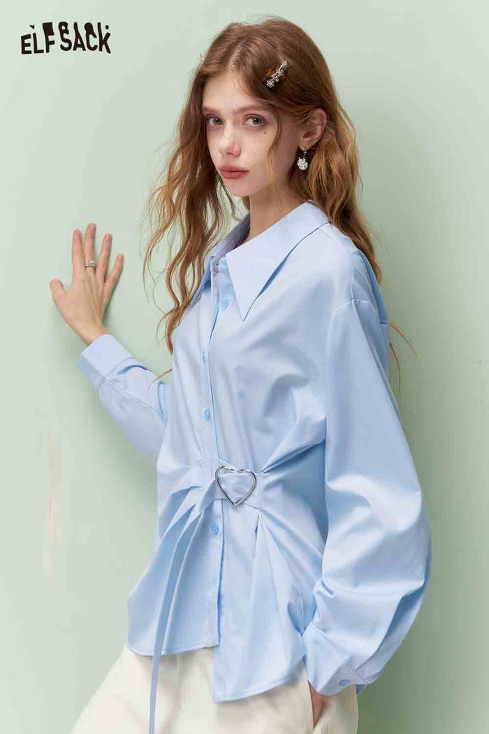ELFSACK Gentle Elegant Heart Button Waist Asymmetrical Hem Long Sleeve Shirt