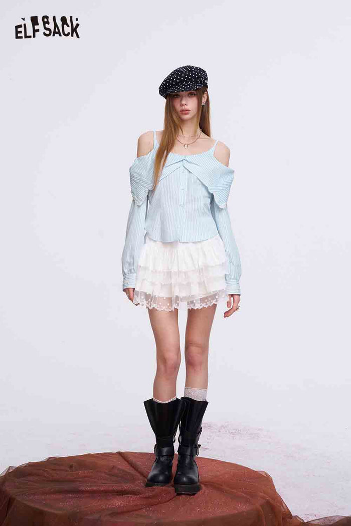 ELFSACK Gingham Cold Shoulder Lace Trim Blouse