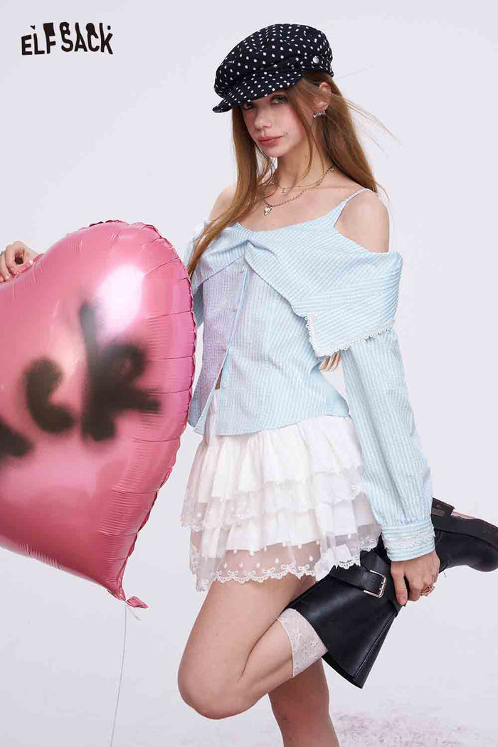 ELFSACK Gingham Cold Shoulder Lace Trim Blouse
