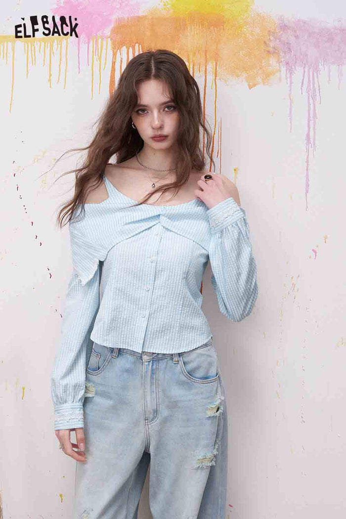 ELFSACK Gingham Cold Shoulder Lace Trim Blouse