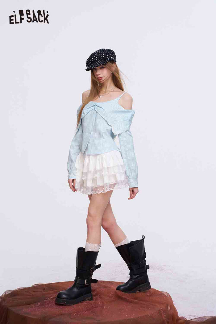 ELFSACK Gingham Cold Shoulder Lace Trim Blouse