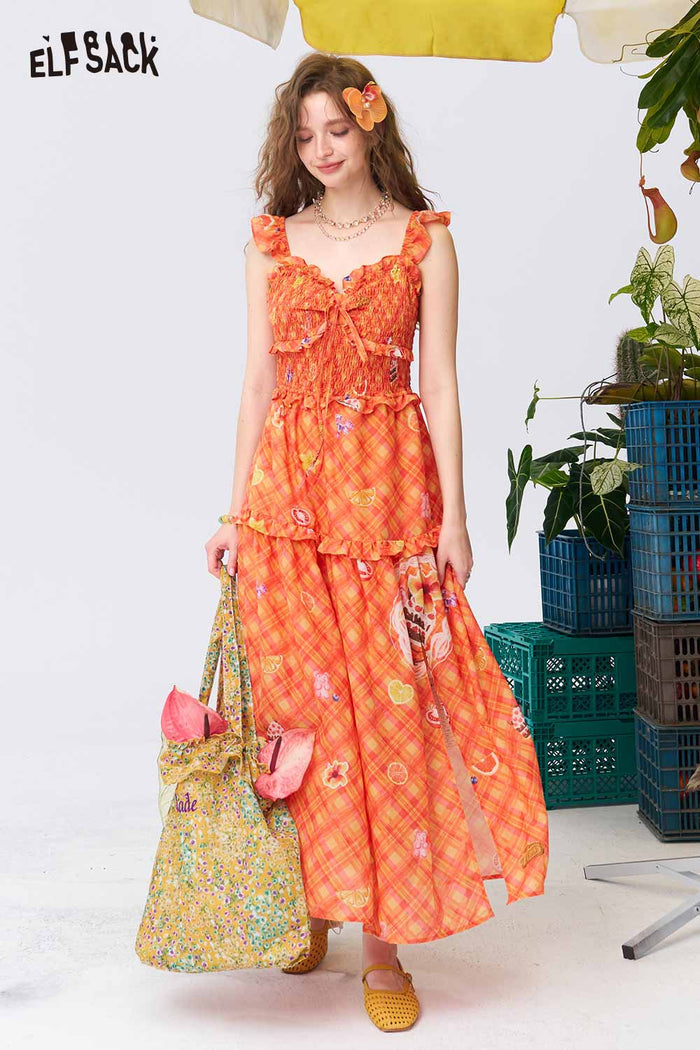 ELFSACK Gingham Fruit Print Tiered Slip Dress
