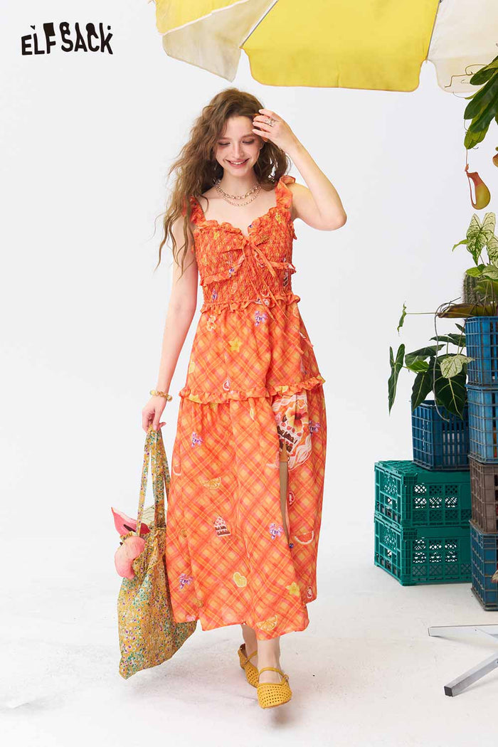 ELFSACK Gingham Fruit Print Tiered Slip Dress
