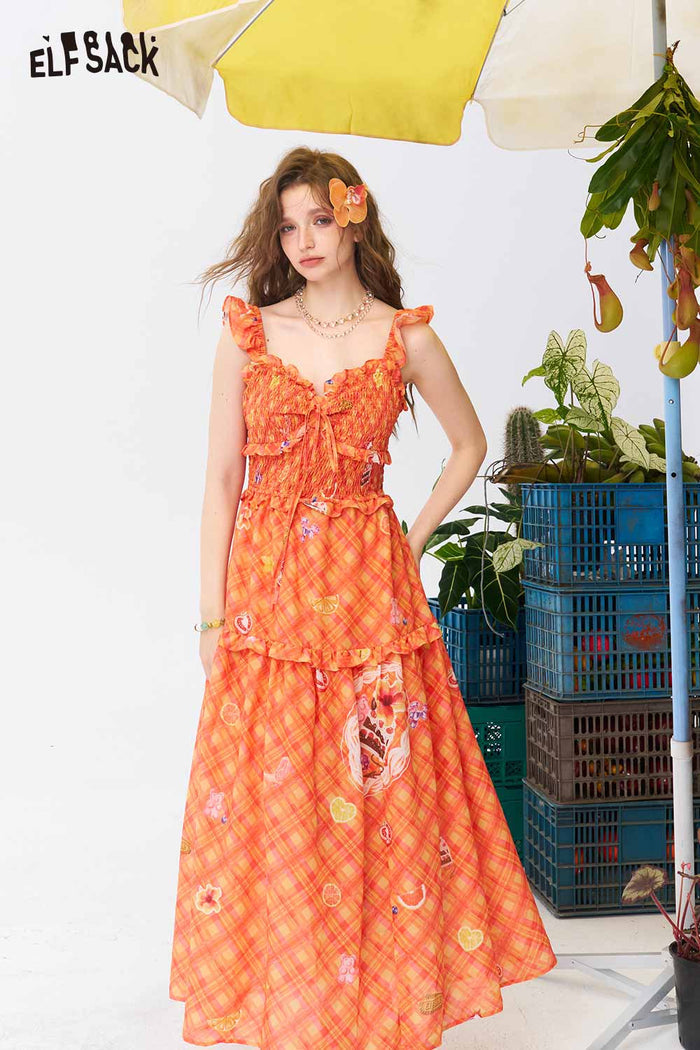 ELFSACK Gingham Fruit Print Tiered Slip Dress