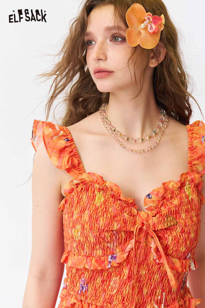 ELFSACK Gingham Fruit Print Tiered Slip Dress