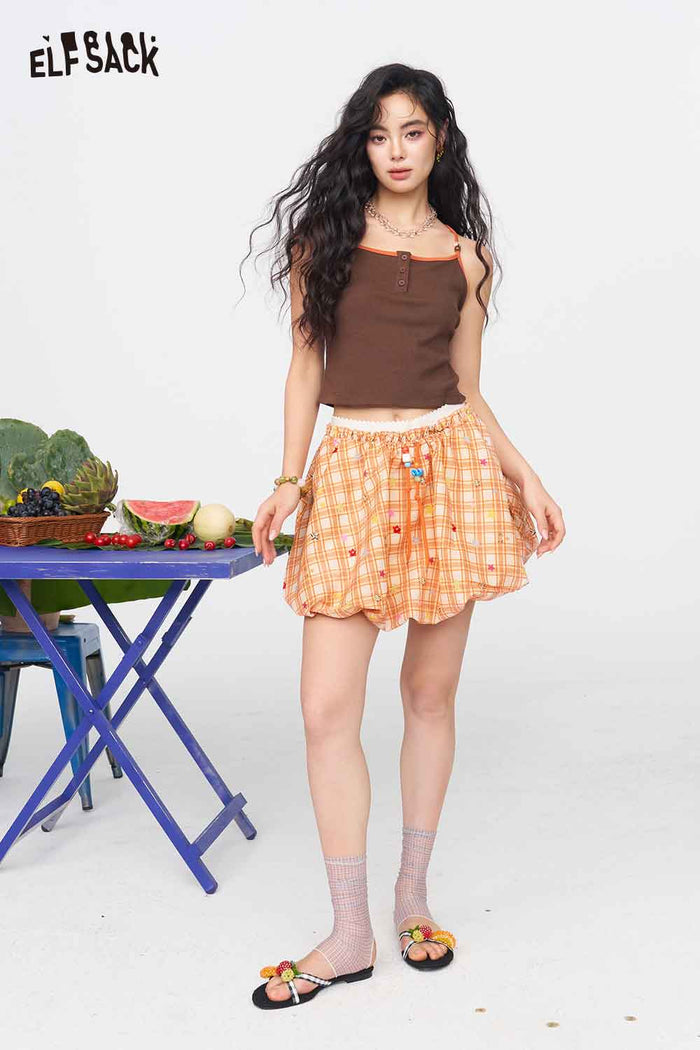 ELFSACK Gingham Letter Bead Bubble Mini Skirt
