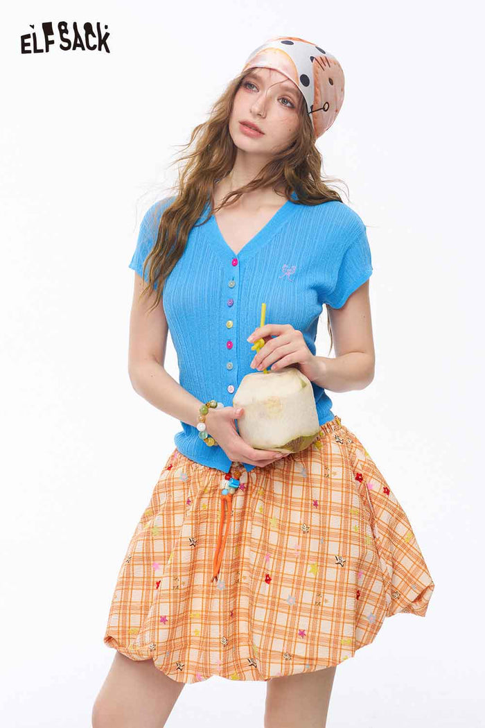ELFSACK Gingham Letter Bead Bubble Mini Skirt