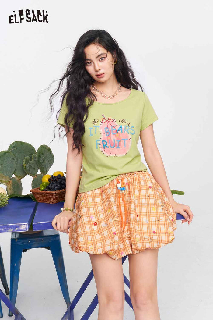 ELFSACK Gingham Letter Bead Bubble Mini Skirt