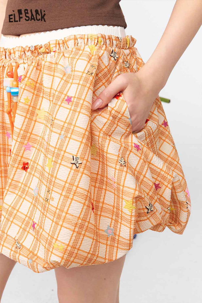 ELFSACK Gingham Letter Bead Bubble Mini Skirt