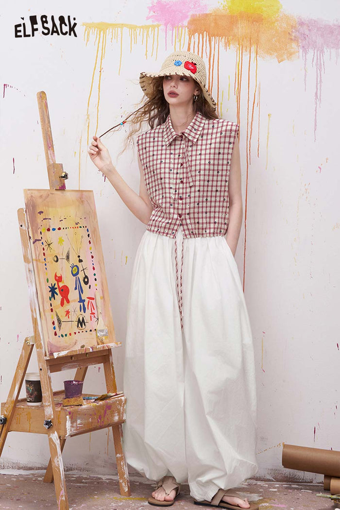 ELFSACK Gingham Polka Dot Tie Hem Sleeveless Shirt