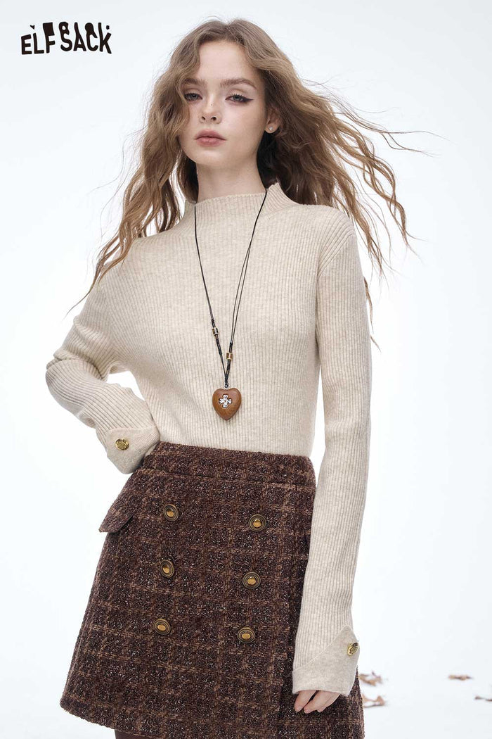 ELFSACK Gold Button Cuff Mock Neck Knit