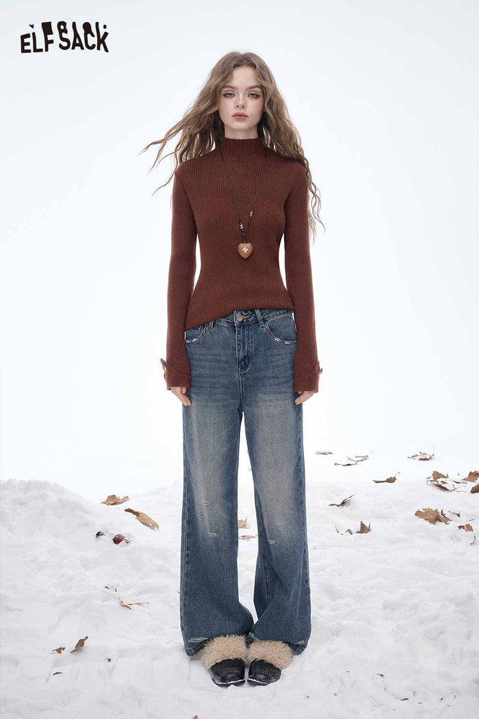 ELFSACK Gold Button Cuff Mock Neck Knit