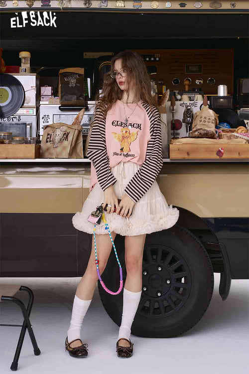 ELFSACK "Good Mood Dog" Striped Raglan Sleeve T-Shirt