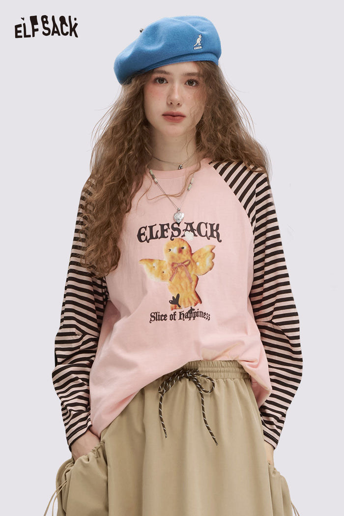 ELFSACK "Good Mood Dog" Striped Raglan Sleeve T-Shirt