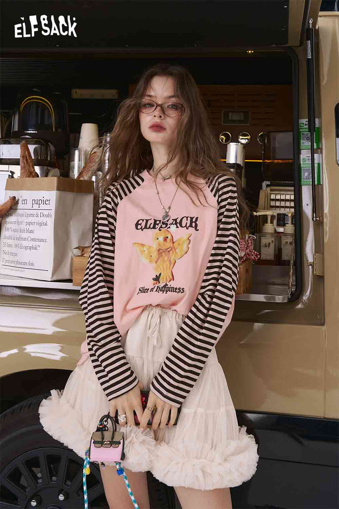 ELFSACK "Good Mood Dog" Striped Raglan Sleeve T-Shirt