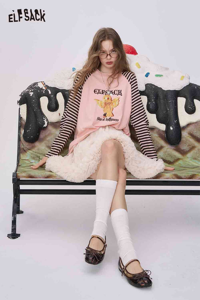 ELFSACK "Good Mood Dog" Striped Raglan Sleeve T-Shirt