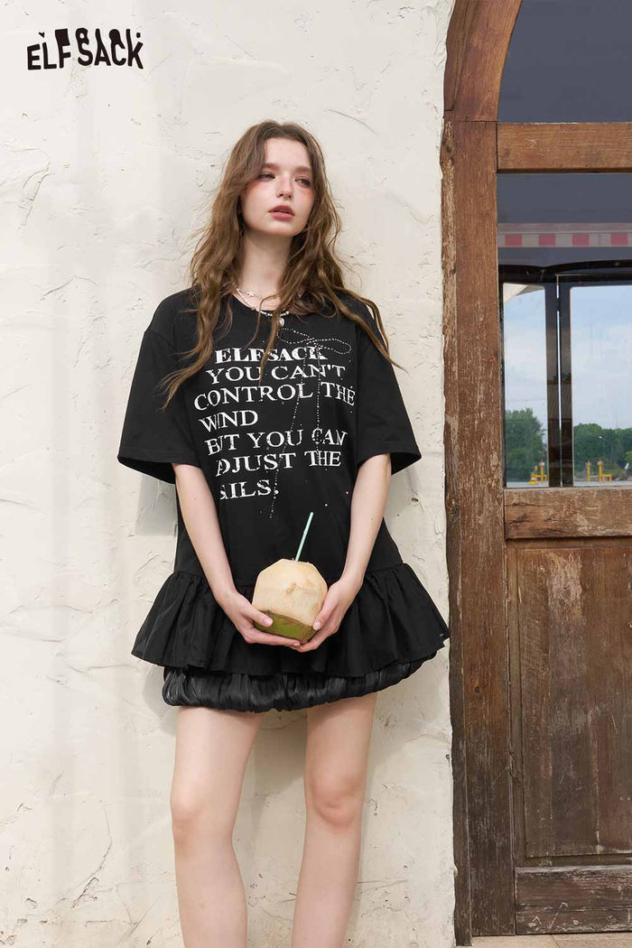 ELFSACK Gothic Letter Print Ruffled Tee