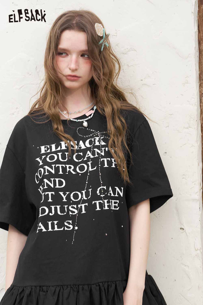 ELFSACK Gothic Letter Print Ruffled Tee