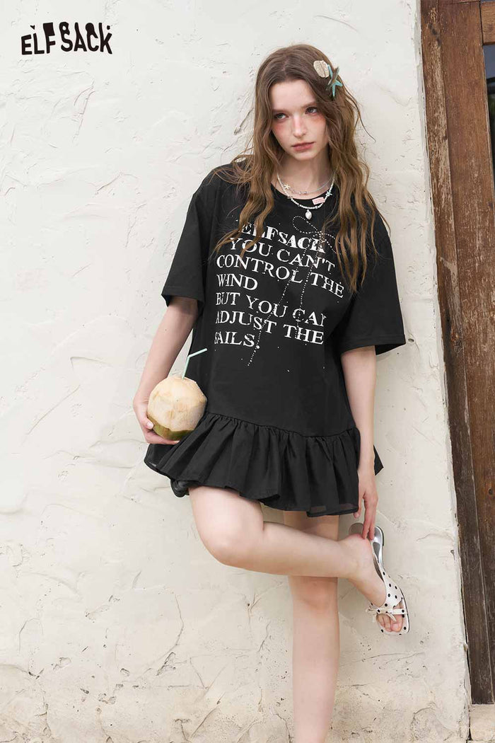 ELFSACK Gothic Letter Print Ruffled Tee
