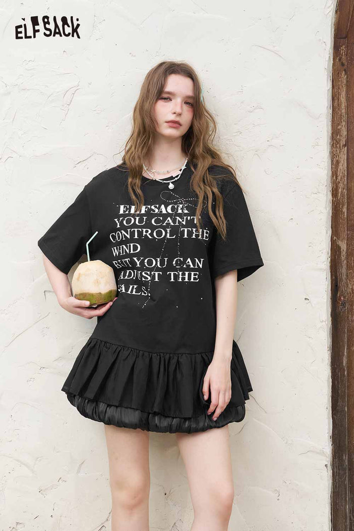 ELFSACK Gothic Letter Print Ruffled Tee