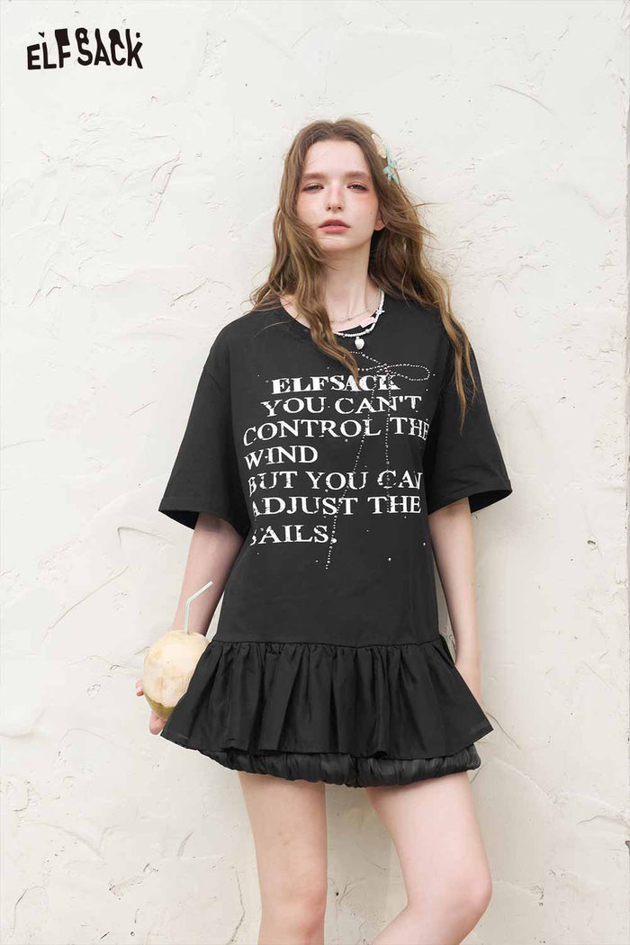 ELFSACK Gothic Letter Print Ruffled Tee