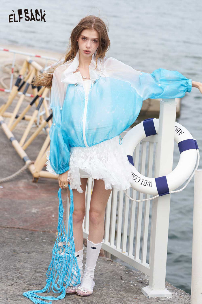 ELFSACK Gradient Pearl Lantern Sleeve Ruffle Crop Jacket