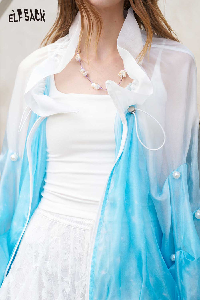 ELFSACK Gradient Pearl Lantern Sleeve Ruffle Crop Jacket