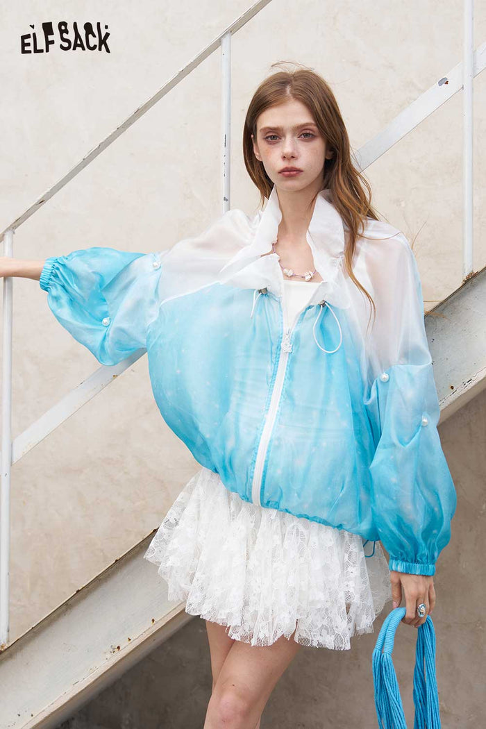 ELFSACK Gradient Pearl Lantern Sleeve Ruffle Crop Jacket