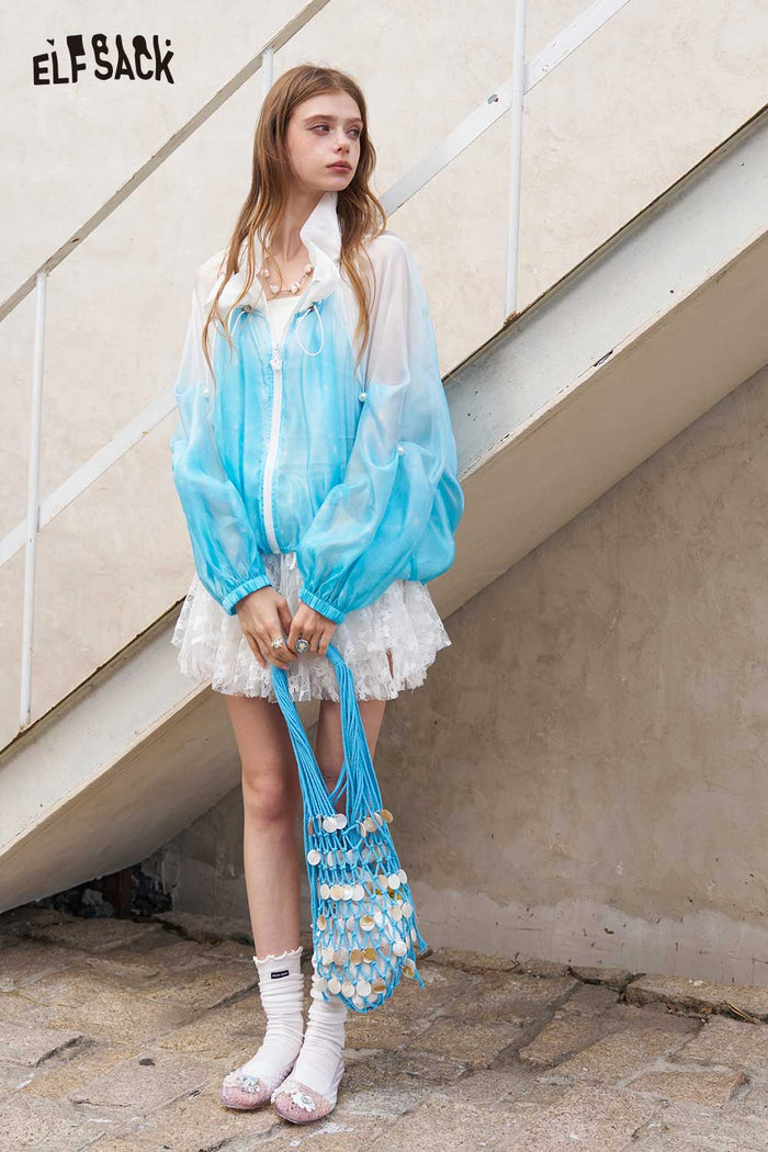 ELFSACK Gradient Pearl Lantern Sleeve Ruffle Crop Jacket