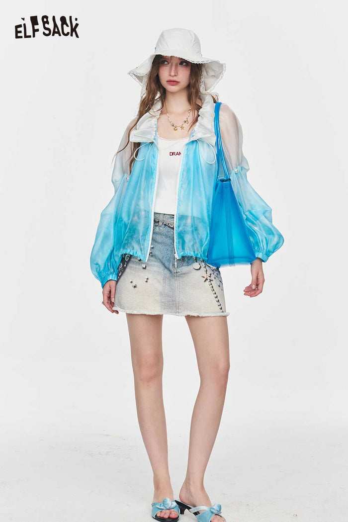 ELFSACK Gradient Pearl Lantern Sleeve Ruffle Crop Jacket