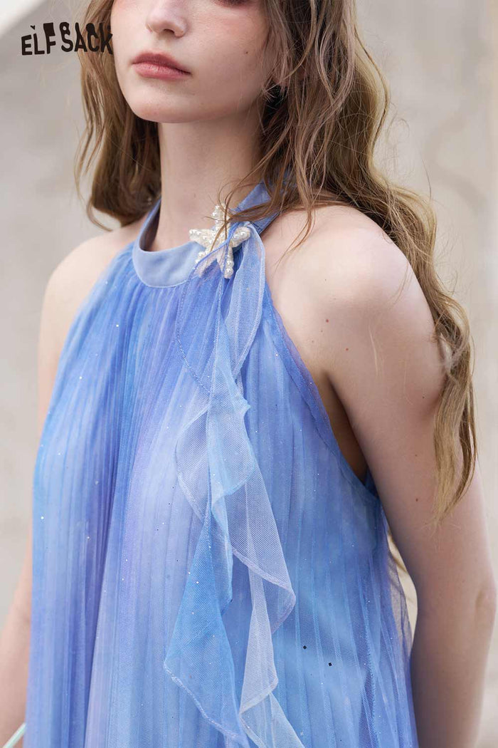 ELFSACK Gradient Sequin Pleated Halter Mini Dress