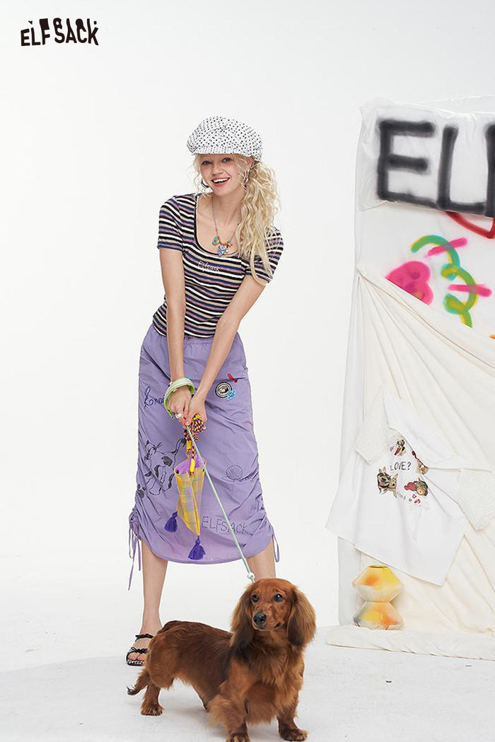 ELFSACK Graffiti Pattern Drawstring Chic Long Skirt