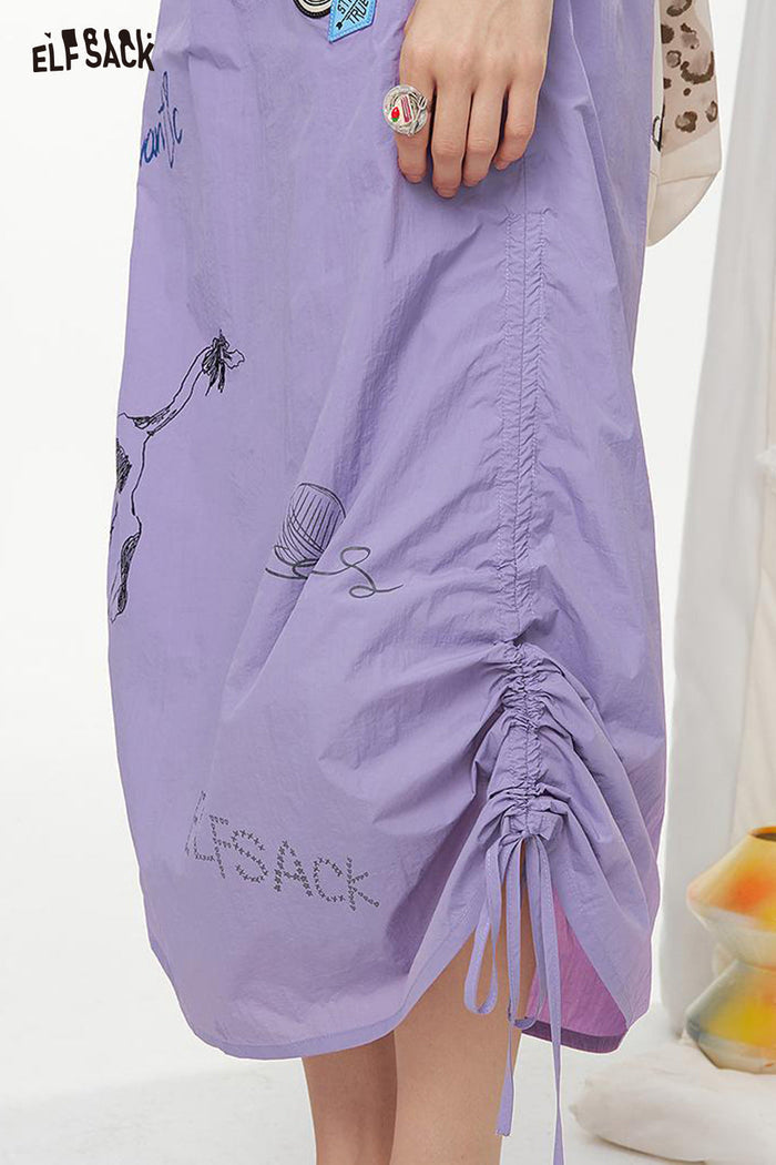 ELFSACK Graffiti Pattern Drawstring Chic Long Skirt