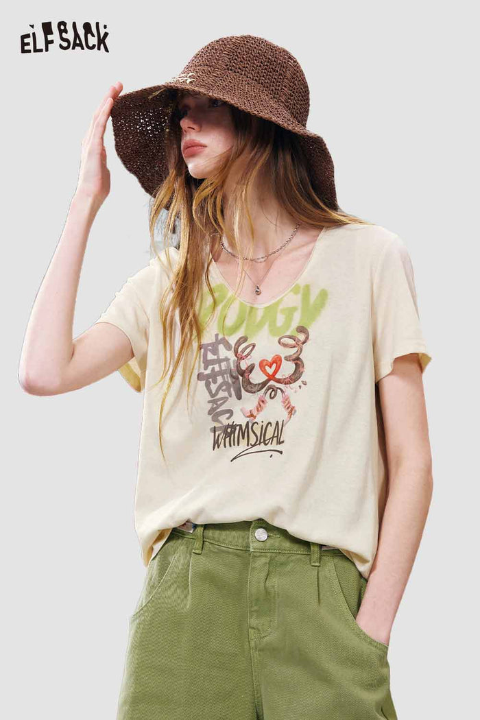 ELFSACK Graffiti Print Notch V Neck Oversized Tee