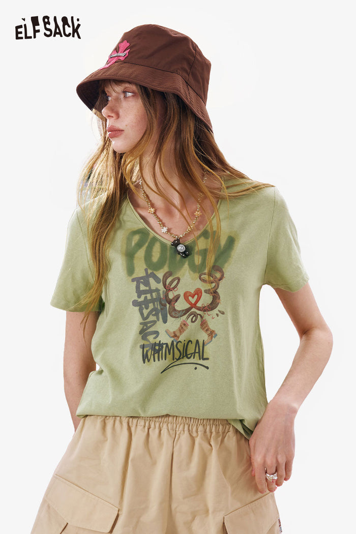 ELFSACK Graffiti Print Notch V Neck Oversized Tee