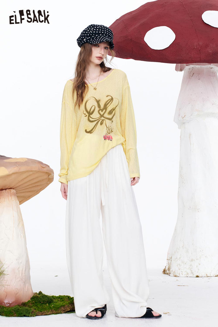 ELFSACK Graffiti Print Sheer Oversized Knit Top