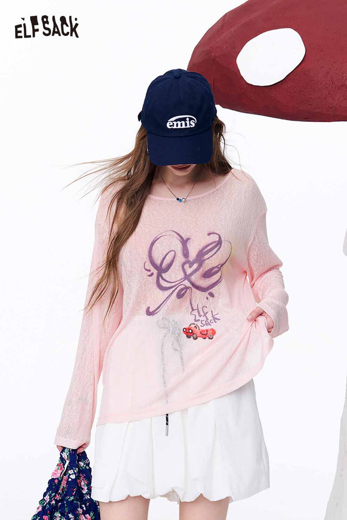ELFSACK Graffiti Print Sheer Oversized Knit Top