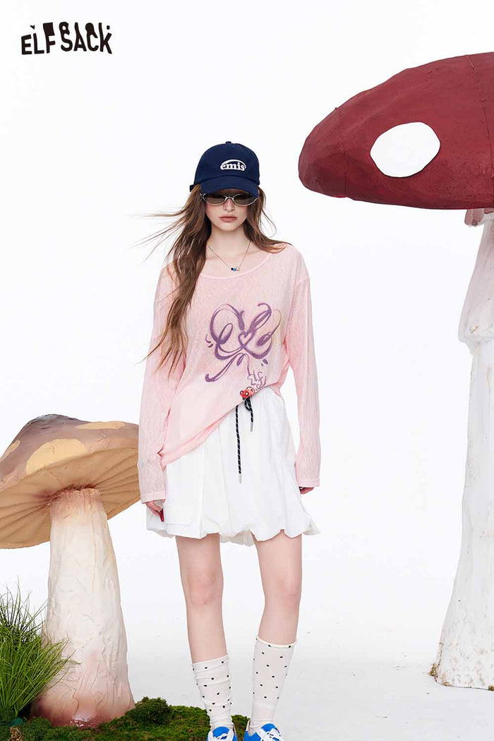ELFSACK Graffiti Print Sheer Oversized Knit Top