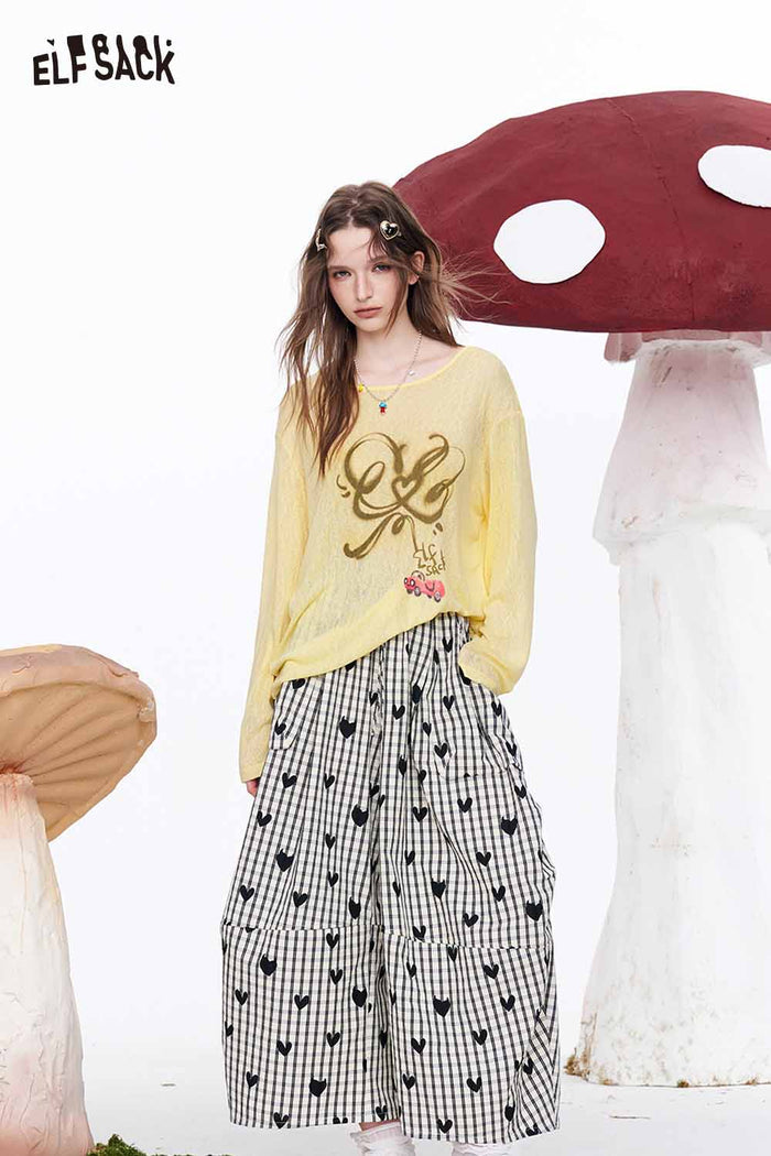 ELFSACK Graffiti Print Sheer Oversized Knit Top